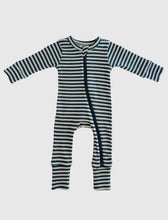 Load image into Gallery viewer, Blue Stripe Organic Ribbed Zipper Romper
