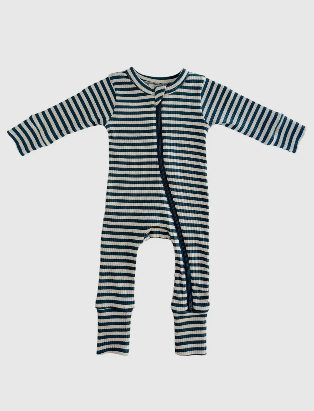 Blue Stripe Organic Ribbed Zipper Romper